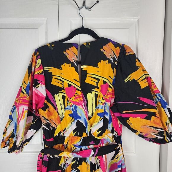 New York & Co. Midi Dress Graphic-Print Poplin Puff-Sleeve Wrap Tie Waist Sz M - Picture 11 of 16